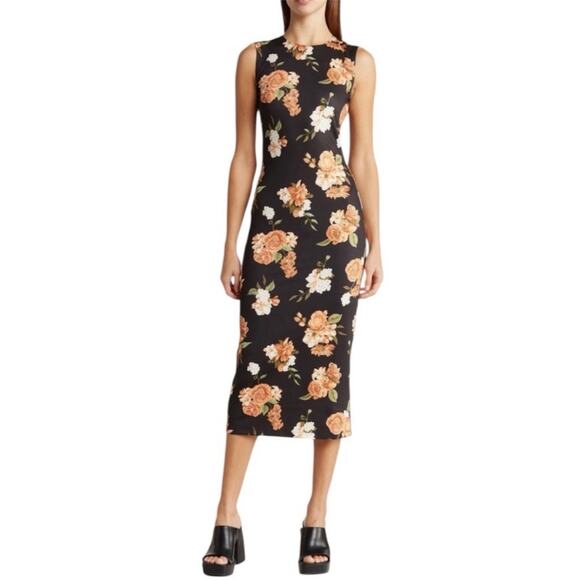 WeWoreWhat Floral Black and Orange Muscle Tank Midi Dress Women’s Size Small NWT - Picture 1 of 8
